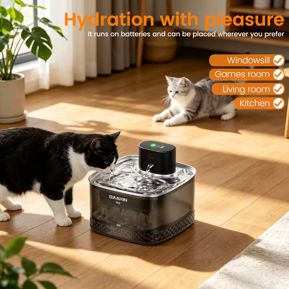 Fonte de Água Sem Fio BAAKIN WF310 com Sensor de Movimento 2L para Gatos/Cães Ideal para Lares com Vários Animais de Estimação.